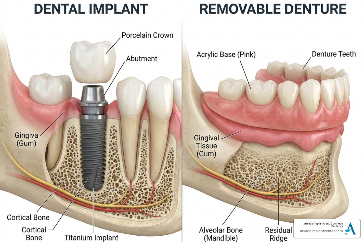 Anatomy of a dental implant showing the titanium post, abutment, and crown versus a traditional removable denture sitting on Anatomy of a dental implant showing the titanium post, abutment, and crown versus a traditional removable denture sitting on