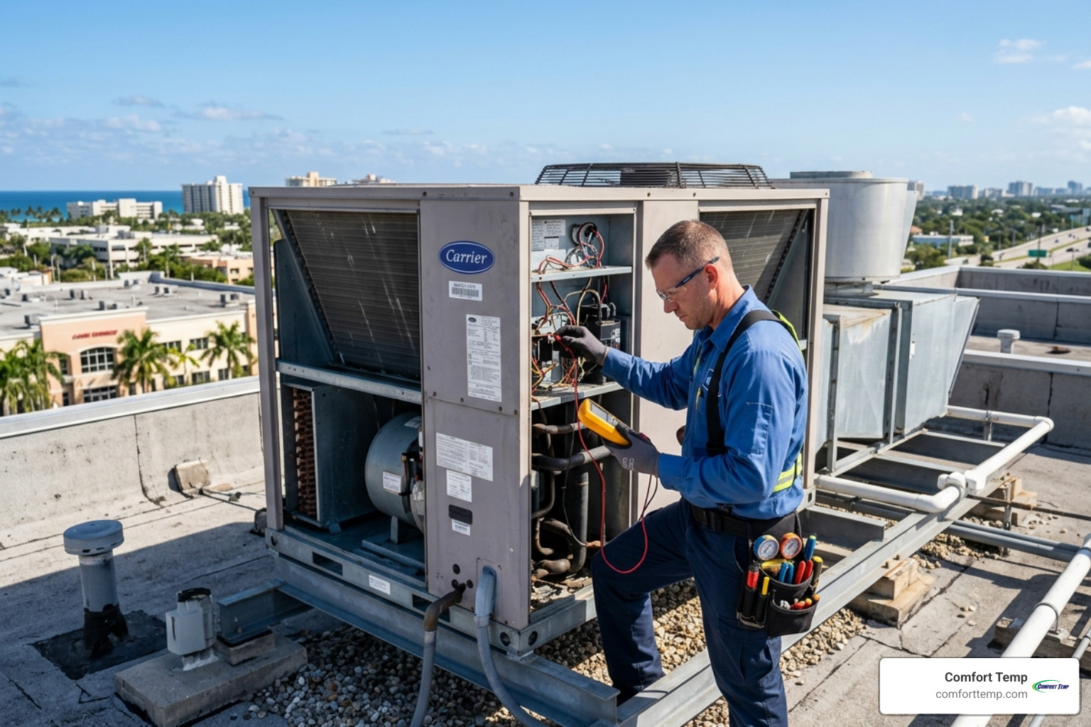 Technician in blue uniform inspecting a rooftop commercial AC unit - Emergency HVAC Repair Orlando FL Technician in blue uniform inspecting a rooftop commercial AC unit - Emergency HVAC Repair Orlando FL