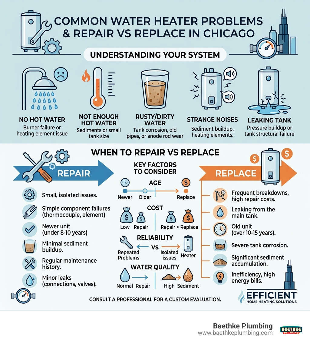 Infographic showing common water heater problems, and when to repair vs replace in Chicago - water