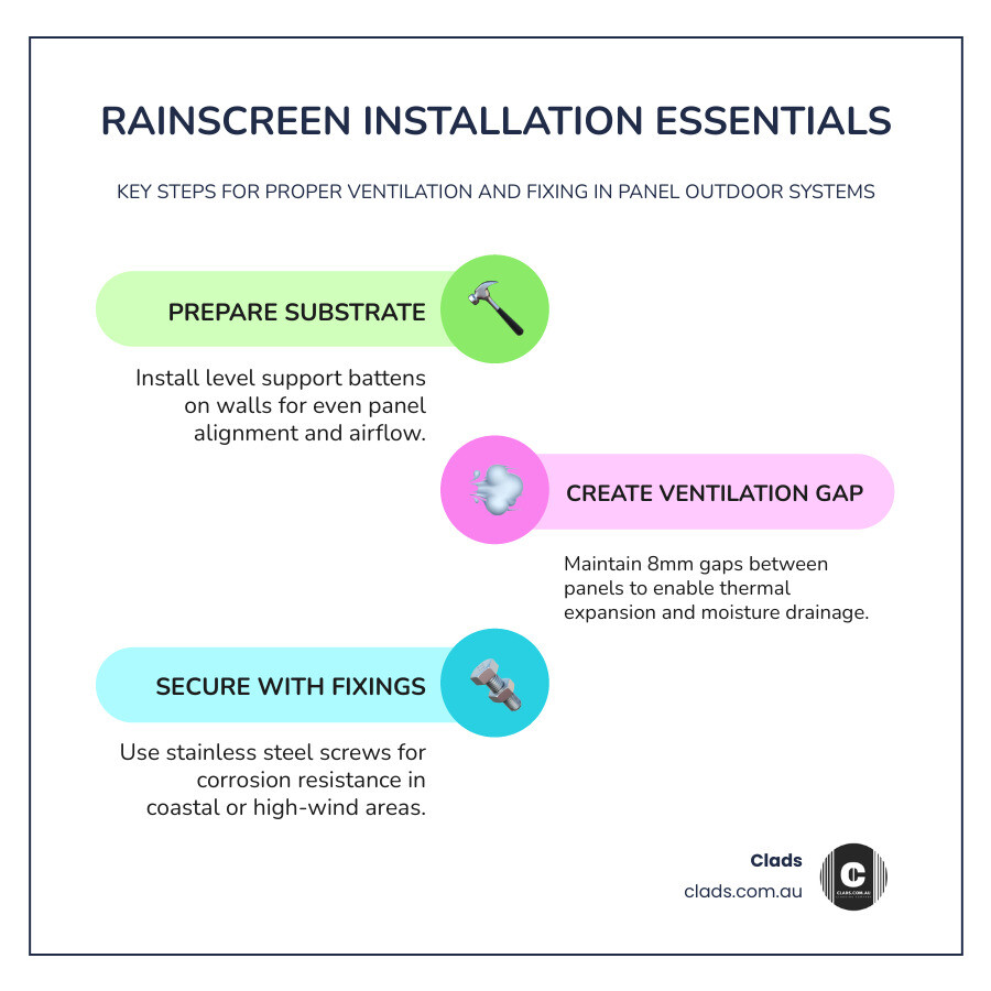 Technical diagram showing rainscreen ventilation and stainless steel screw fixings - panel outdoor infographic Technical diagram showing rainscreen ventilation and stainless steel screw fixings - panel outdoor infographic