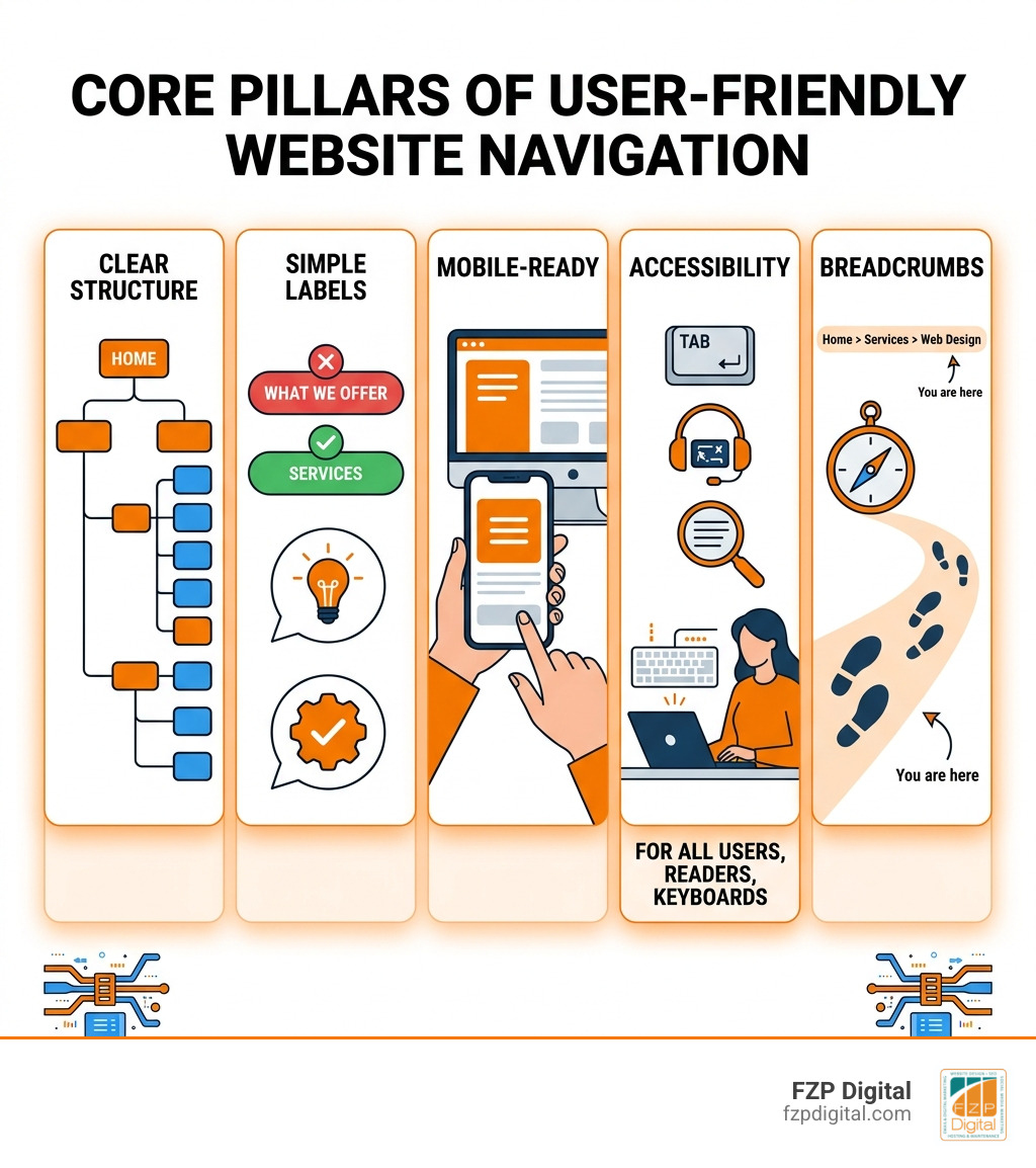 Core pillars of website navigation: structure, labels, mobile design, accessibility, and breadcrumbs - user friendly website Core pillars of website navigation: structure, labels, mobile design, accessibility, and breadcrumbs - user friendly website