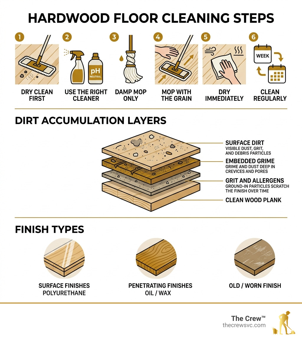 Infographic showing hardwood floor cleaning steps, dirt accumulation layers, and finish types - hardwood floor cleaning