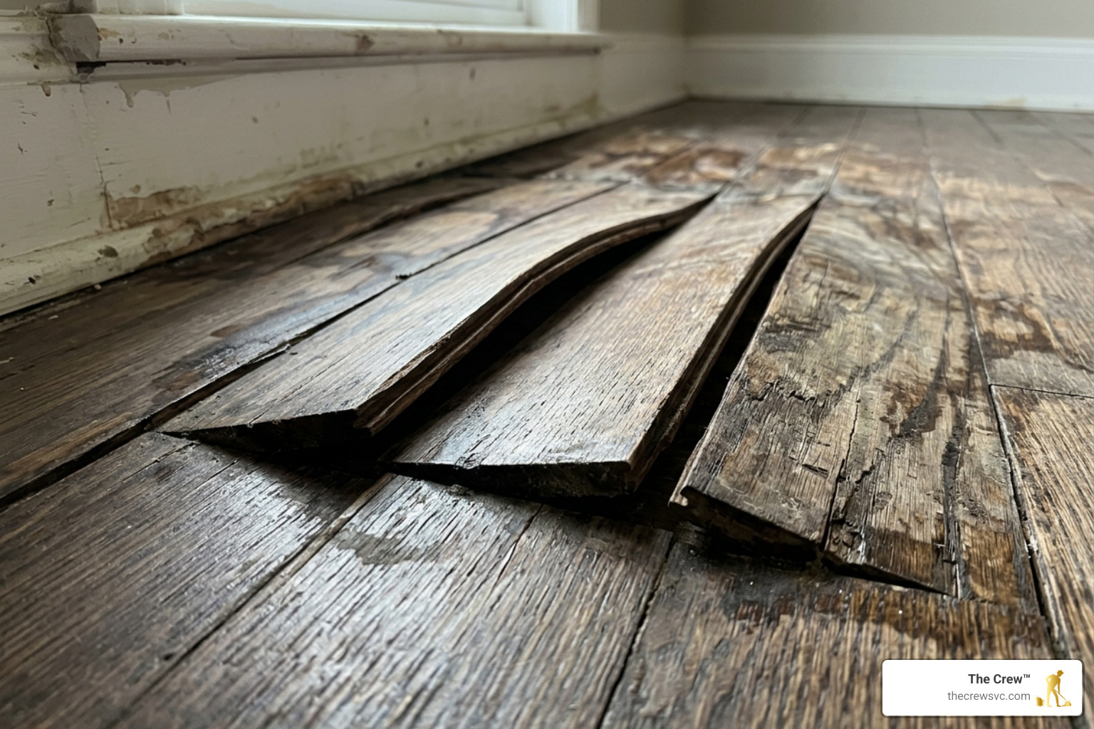 warped wood boards due to water damage - hardwood floor cleaning