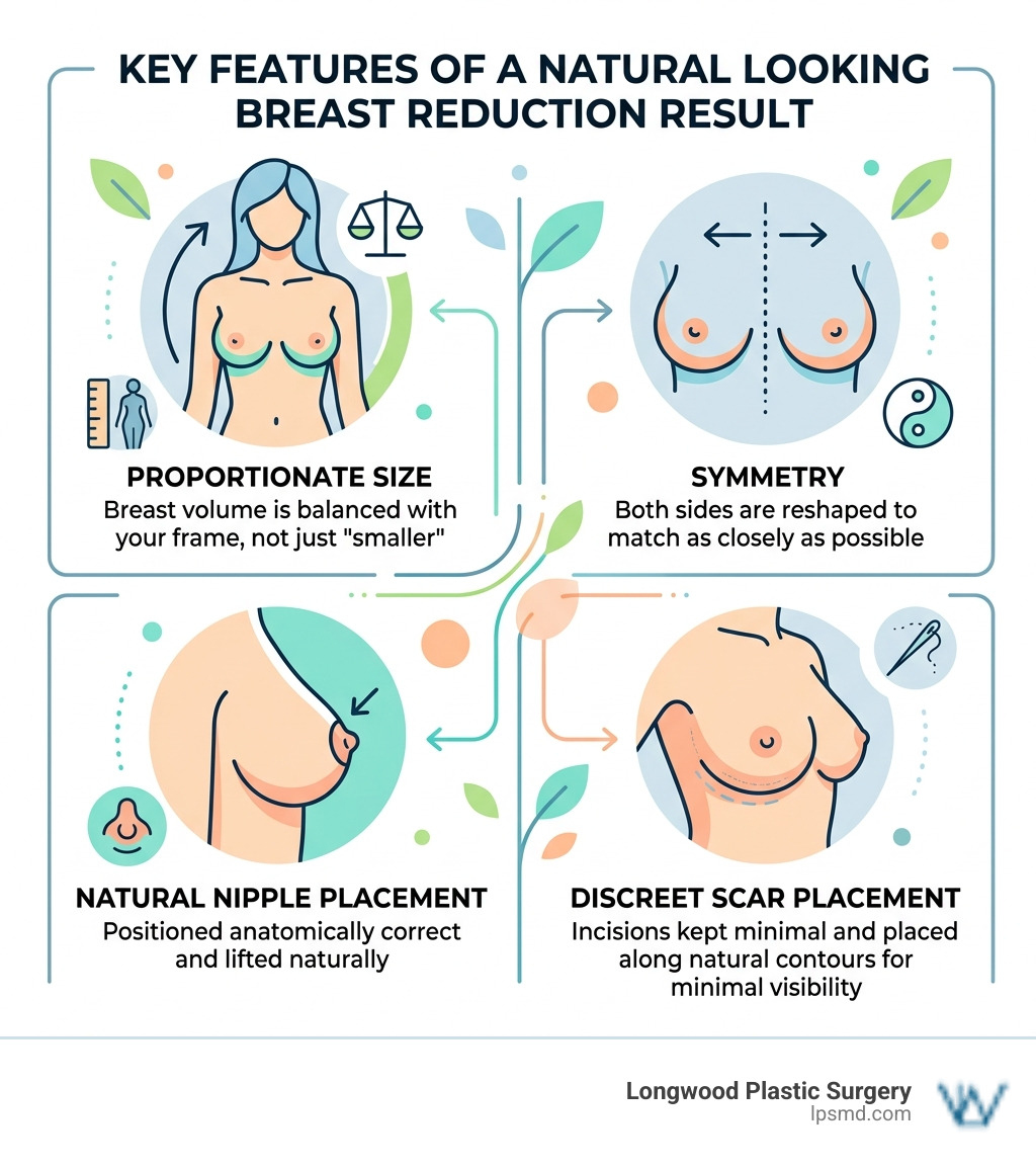 Infographic showing key features of a natural looking breast reduction result including proportion, symmetry, nipple Infographic showing key features of a natural looking breast reduction result including proportion, symmetry, nipple