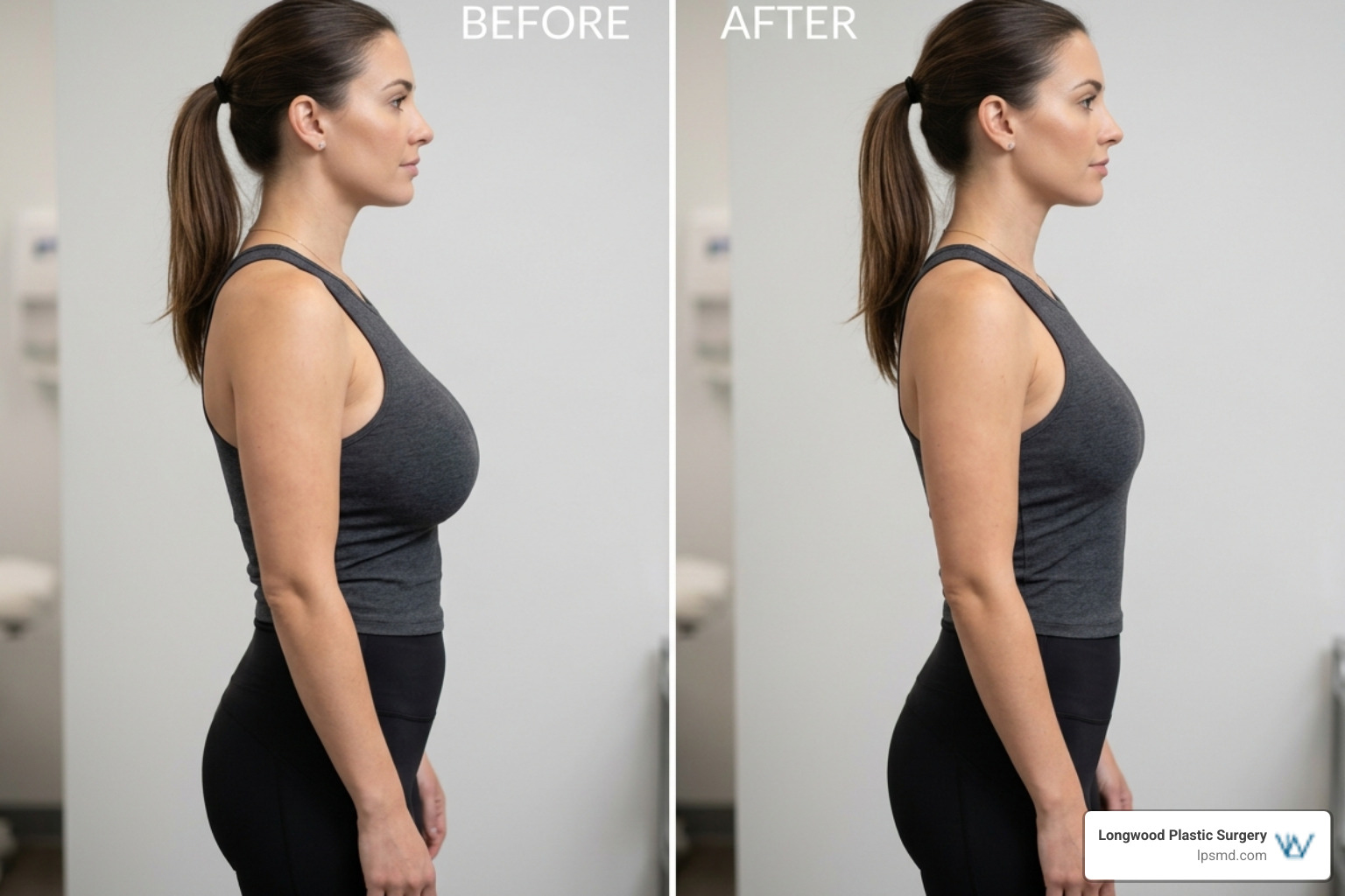 Balanced body silhouette showing aesthetic proportion after breast reduction - natural looking breast reduction Balanced body silhouette showing aesthetic proportion after breast reduction - natural looking breast reduction