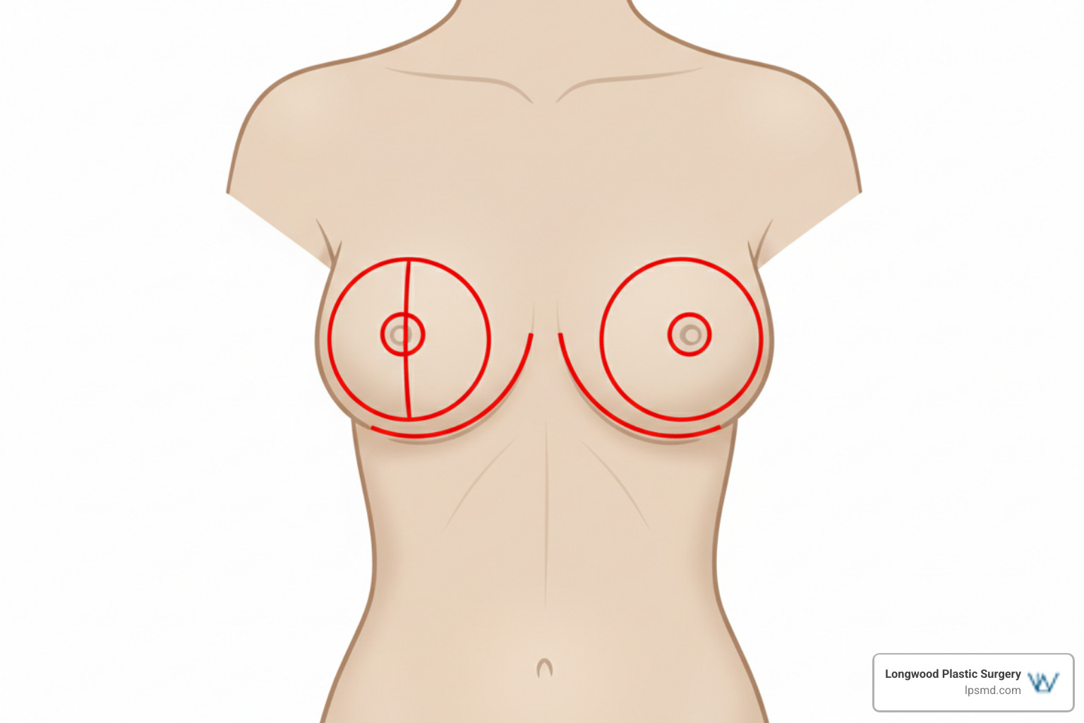 Illustration of common breast reduction incision patterns including Wise pattern and Lollipop - natural looking breast Illustration of common breast reduction incision patterns including Wise pattern and Lollipop - natural looking breast