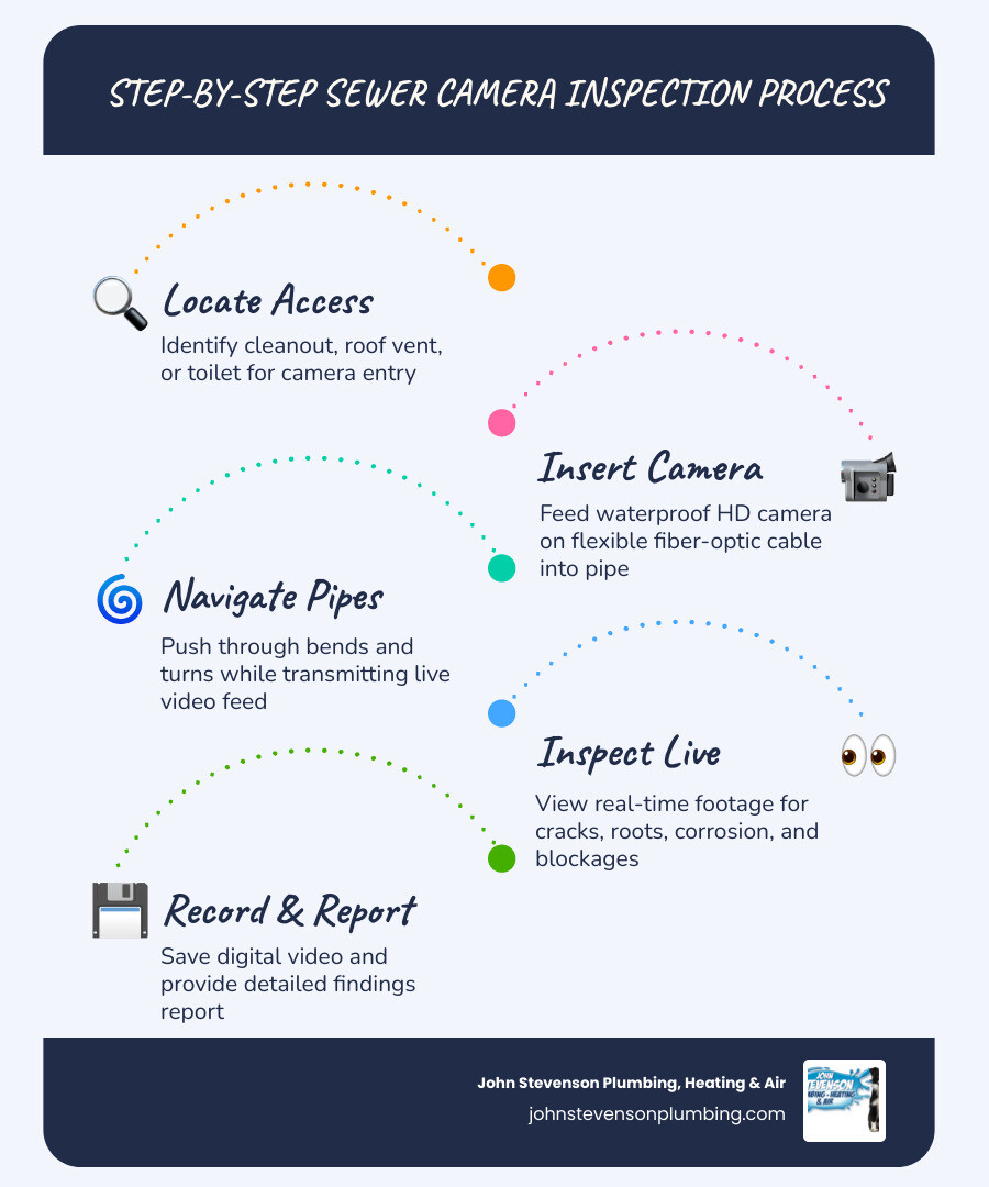 Step-by-step sewer camera inspection process infographic for homeowners - what is a sewer line camera inspection infographic