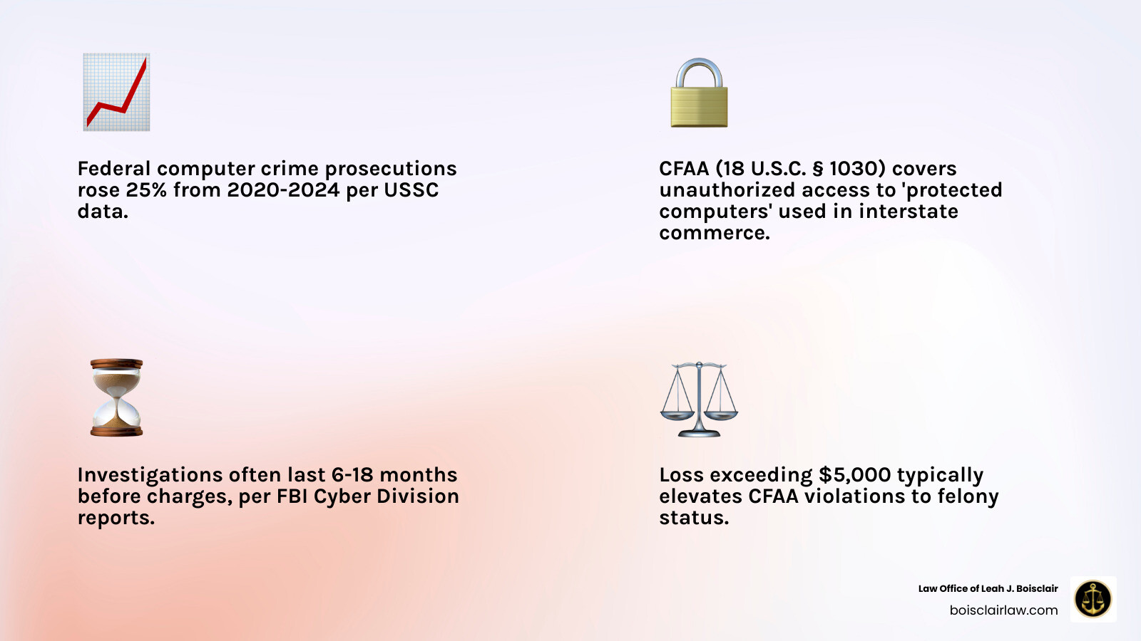 Rise of federal computer crime investigations in the U.S. - key facts and statistics infographic - computer crimes defense