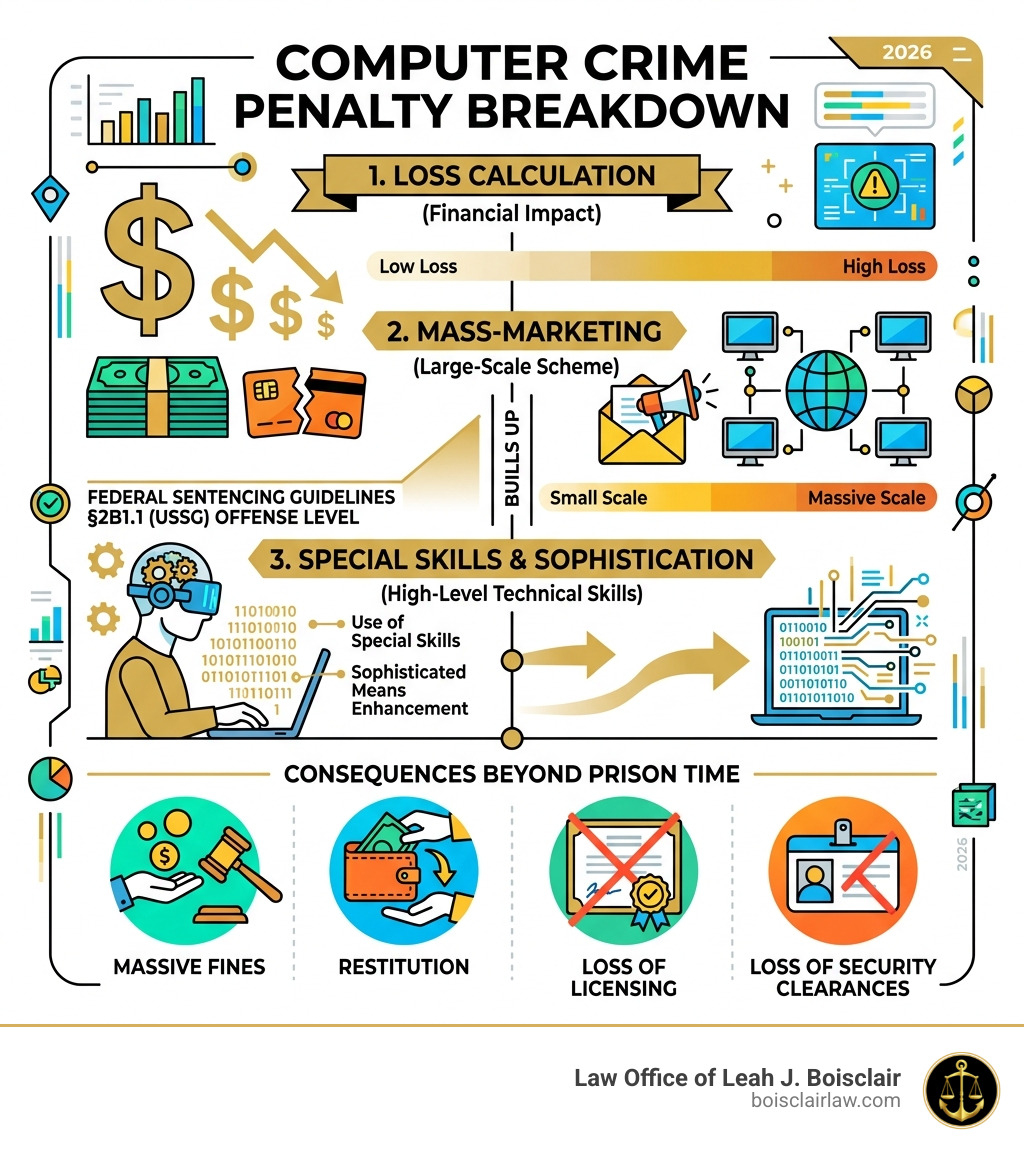 Computer crime penalty breakdown infographic - computer crimes defense infographic 
