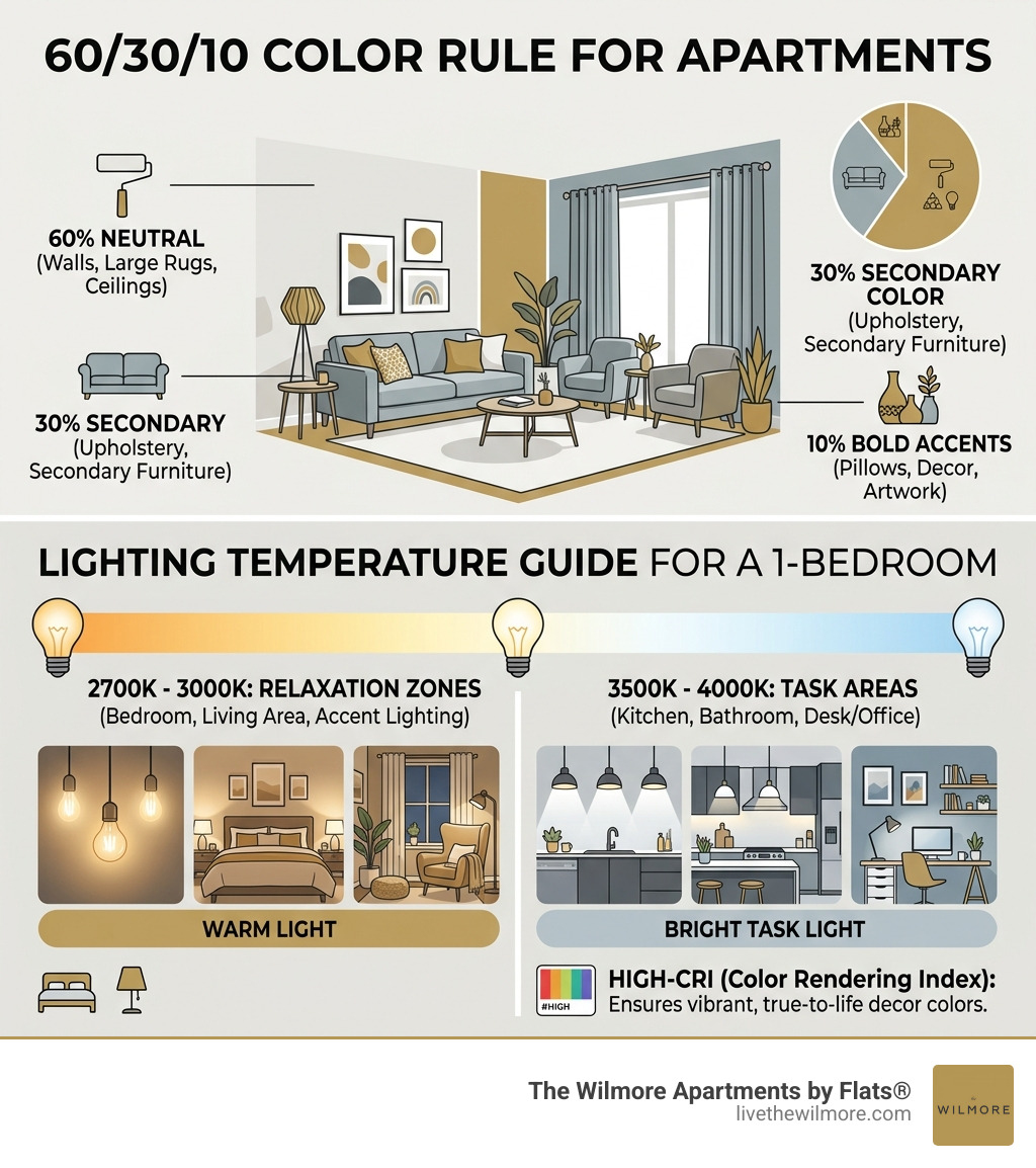 Infographic showing the 60/30/10 color rule and lighting temperature guide - 1 bedroom apartment layout ideas infographic Infographic showing the 60/30/10 color rule and lighting temperature guide - 1 bedroom apartment layout ideas infographic