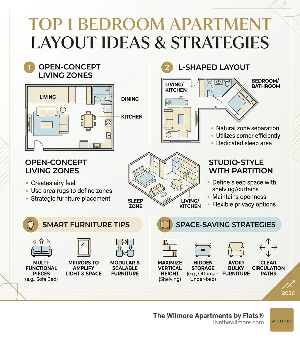 Infographic showing top 1 bedroom apartment layout ideas with zones, furniture tips, and space-saving strategies - 1 bedroom Infographic showing top 1 bedroom apartment layout ideas with zones, furniture tips, and space-saving strategies - 1 bedroom