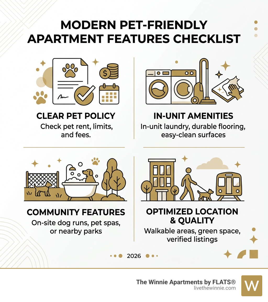Modern pet-friendly apartment features checklist infographic - modern pet friendly apartments infographic 