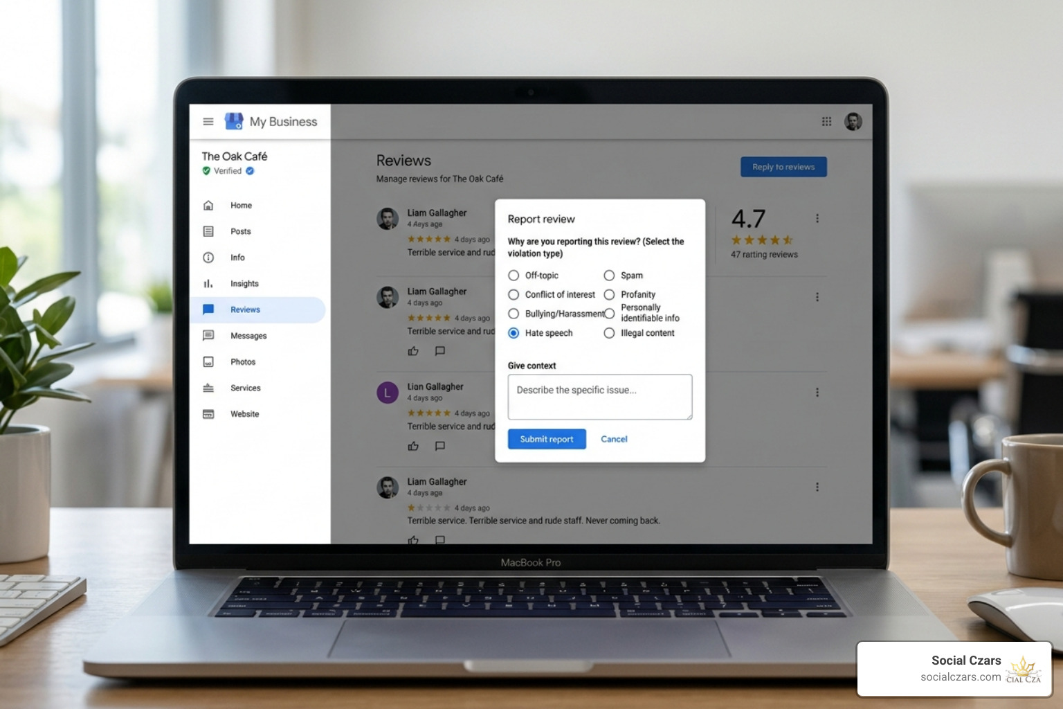 A visual representation of the Google Business Profile dashboard showing the prohibited content reporting section - Delete