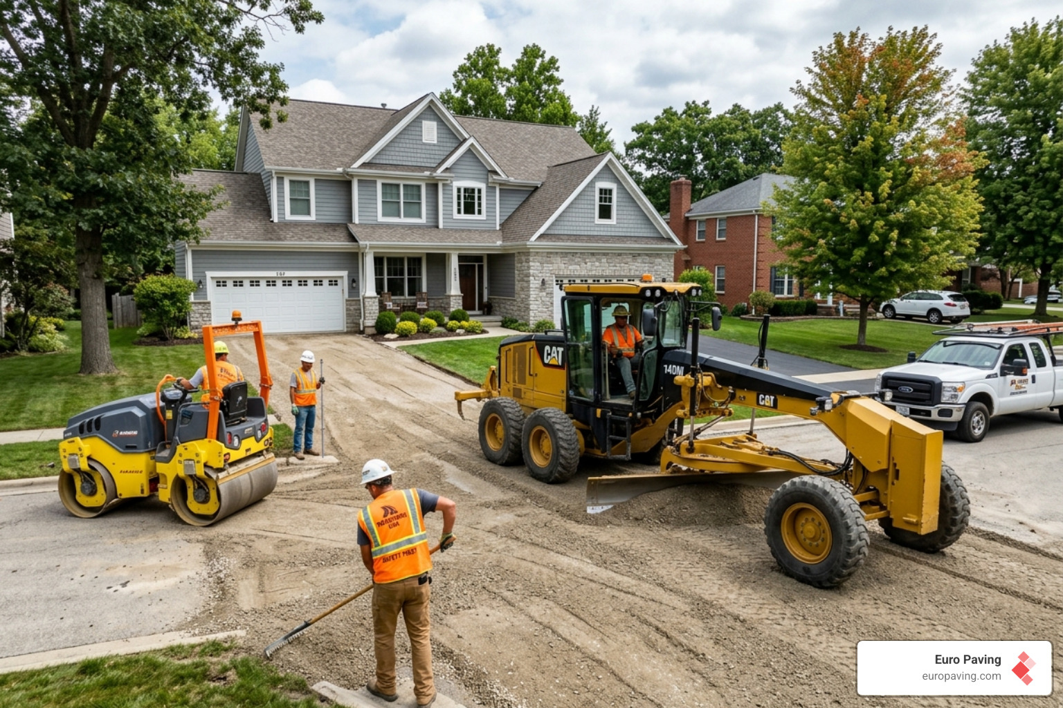 Professional contractors using modern paving equipment to grade a residential driveway - driveway and walkway contractors Professional contractors using modern paving equipment to grade a residential driveway - driveway and walkway contractors