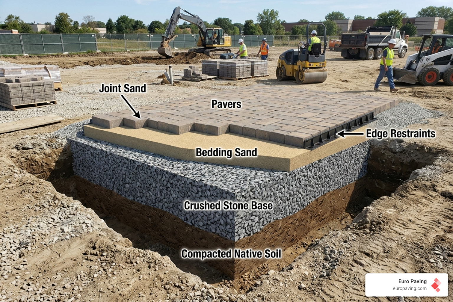 Diagram showing a multi-layered driveway sub-base with compacted stone and bedding layers - driveway and walkway contractors Diagram showing a multi-layered driveway sub-base with compacted stone and bedding layers - driveway and walkway contractors