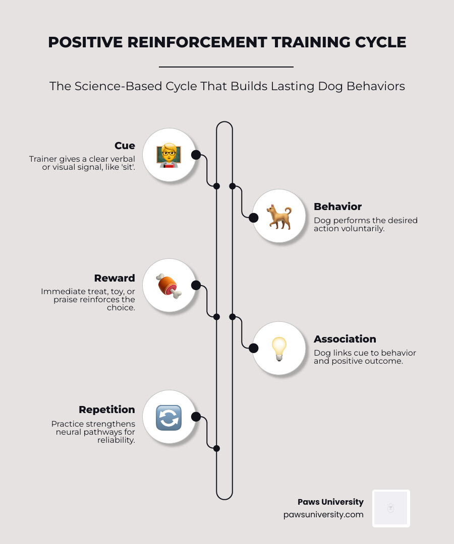Positive reinforcement training cycle infographic for dog training programs in Kona Hawaii - dog training programs kona Positive reinforcement training cycle infographic for dog training programs in Kona Hawaii - dog training programs kona