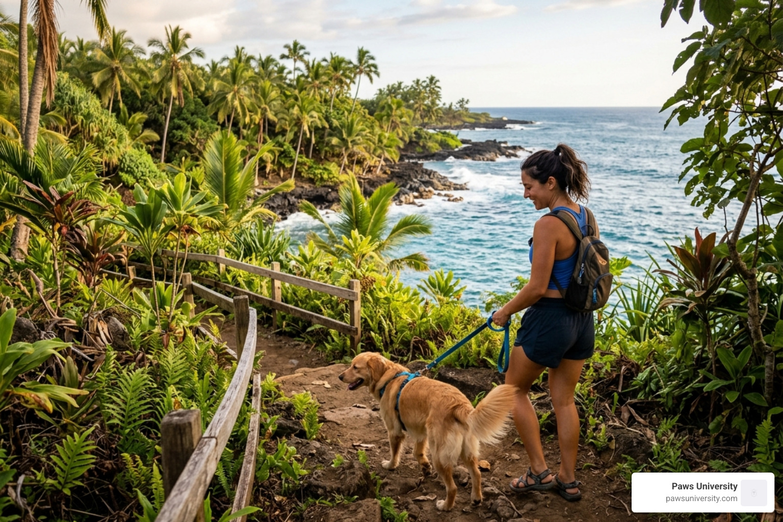 A happy dog owner walking their pet along a tropical Kona trail - dog training programs kona A happy dog owner walking their pet along a tropical Kona trail - dog training programs kona