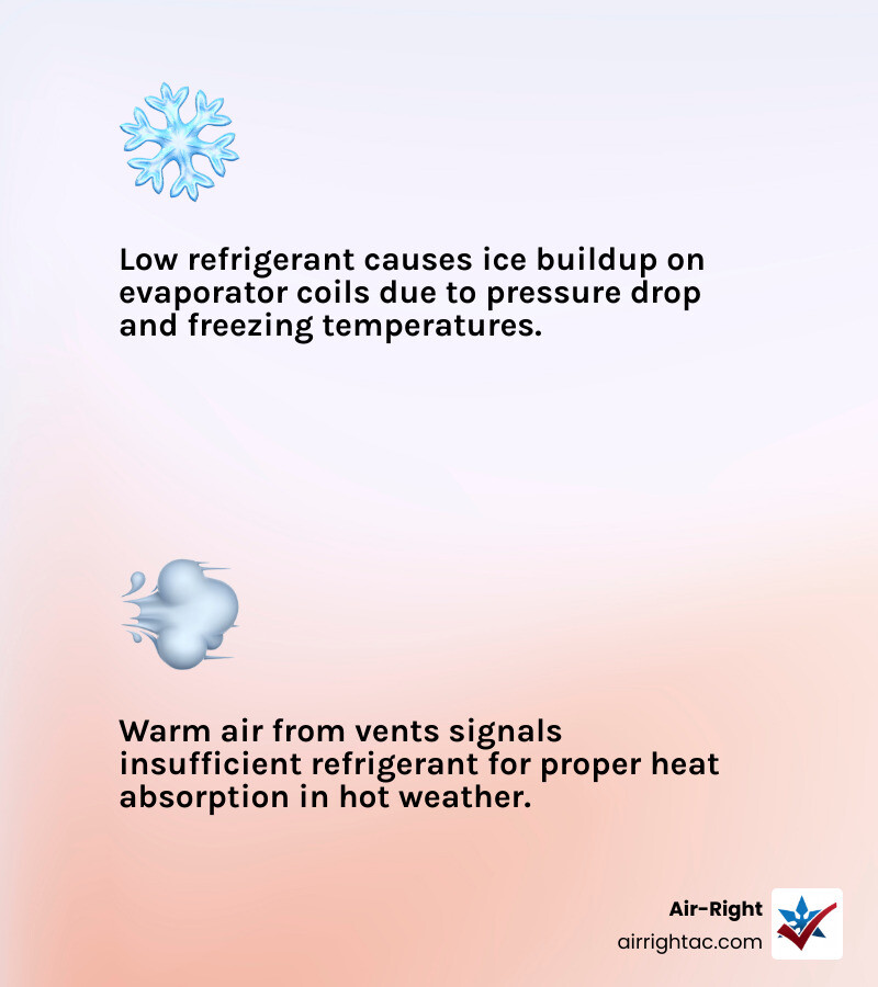 Infographic showing 7 low refrigerant signs in hot weather including warm air, ice buildup, hissing sounds, sticky air, long