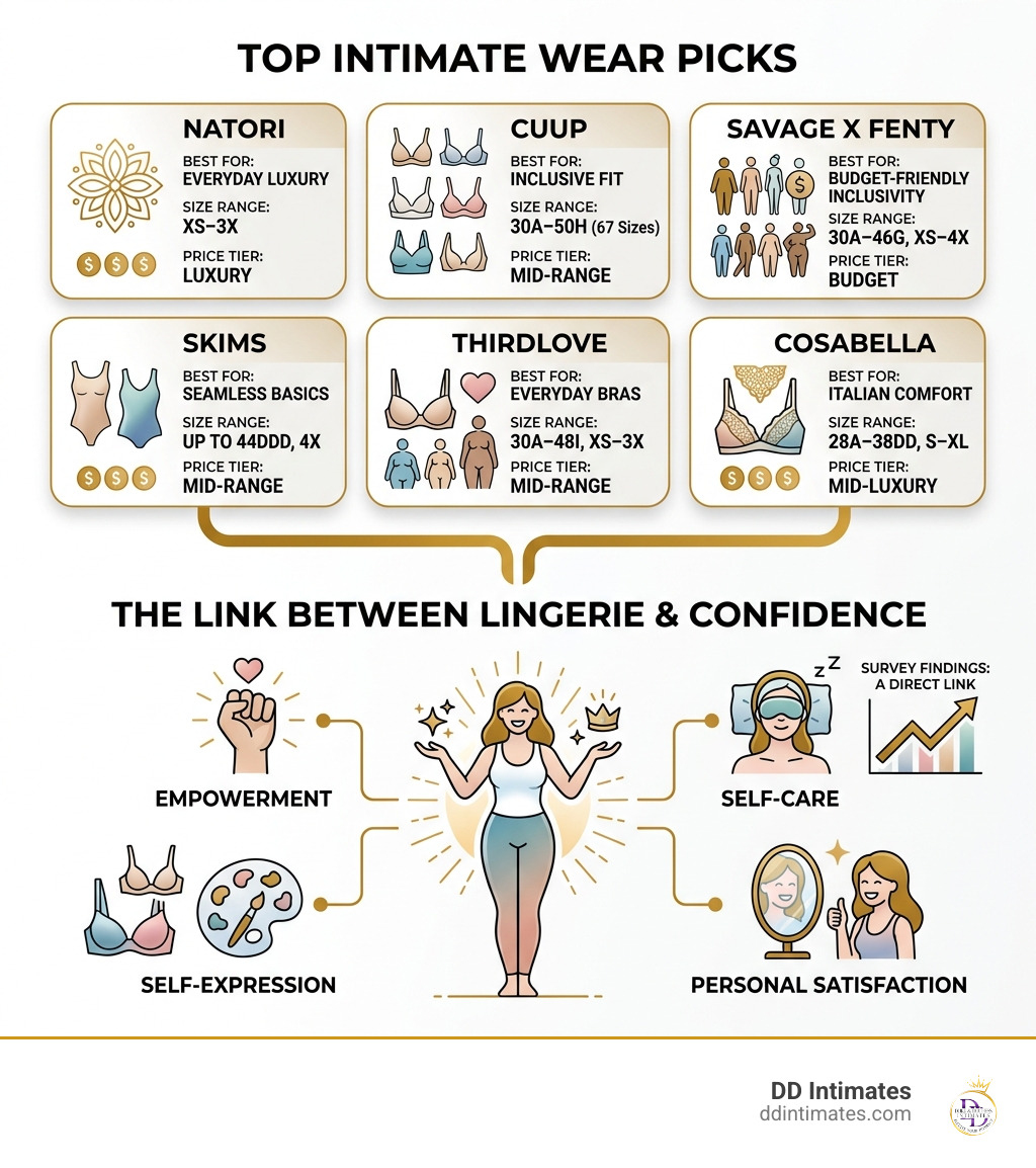 infographic showing top intimate wear brands, size ranges, price tiers, and link between lingerie and confidence - Best