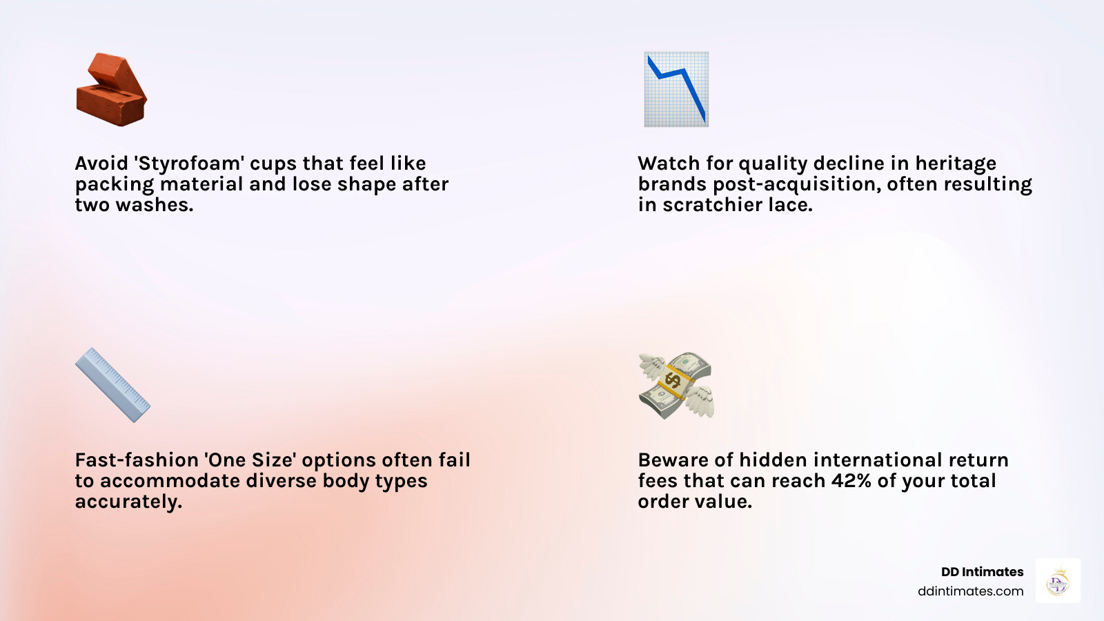 infographic showing red flags like poor stitching, scratchy lace, and non-breathable foam - Best intimate wear infographic