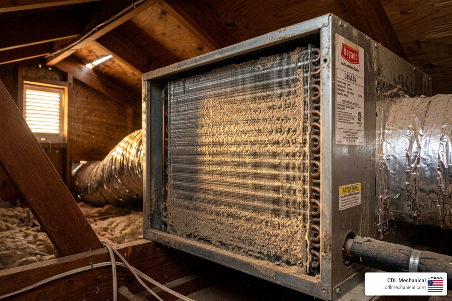 dusty HVAC evaporator coils in a desert home attic - ductwork in desert attics challenges and solutions