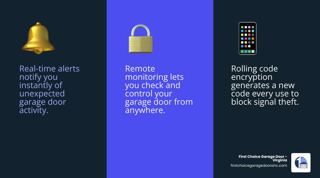 Infographic showing smart garage door security components: real-time alerts, rolling codes, remote access, auto-close