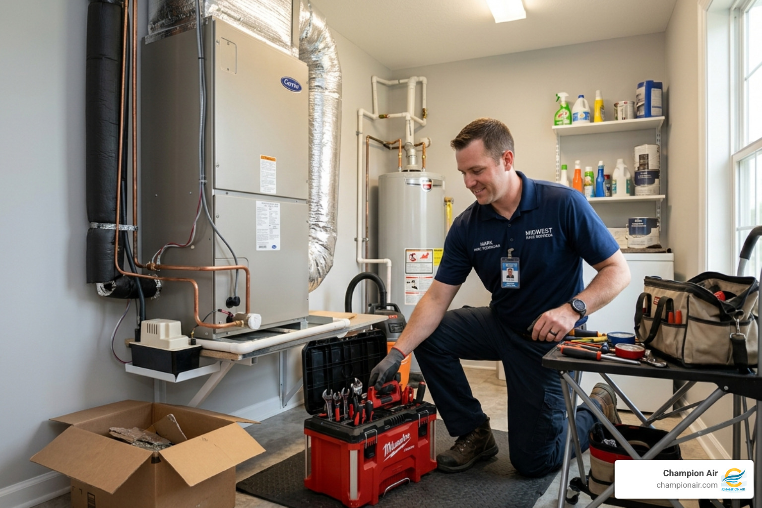 technician clearing a workspace around an indoor air handler in a clean utility room - how to prepare your home for ac