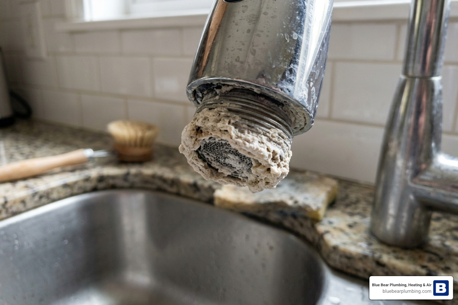 White limescale and mineral crust on a kitchen faucet aerator - how water quality affects your plumbing and appliances White limescale and mineral crust on a kitchen faucet aerator - how water quality affects your plumbing and appliances