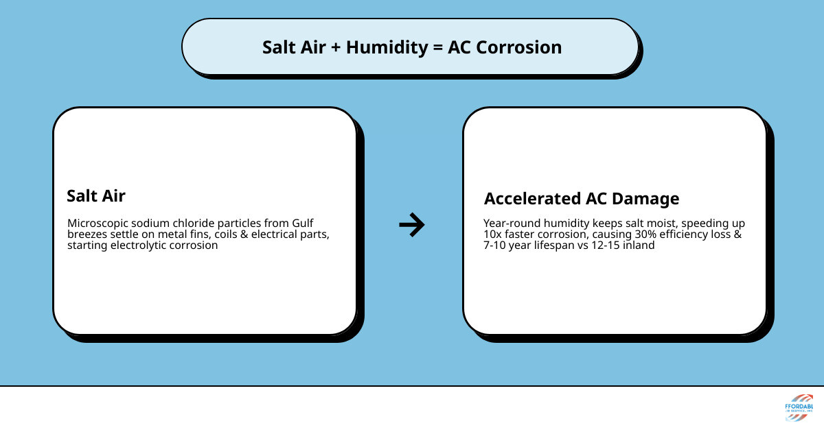 Infographic showing how salt air and humidity stress AC systems on the Gulf Coast with corrosion and lifespan data - how Infographic showing how salt air and humidity stress AC systems on the Gulf Coast with corrosion and lifespan data - how