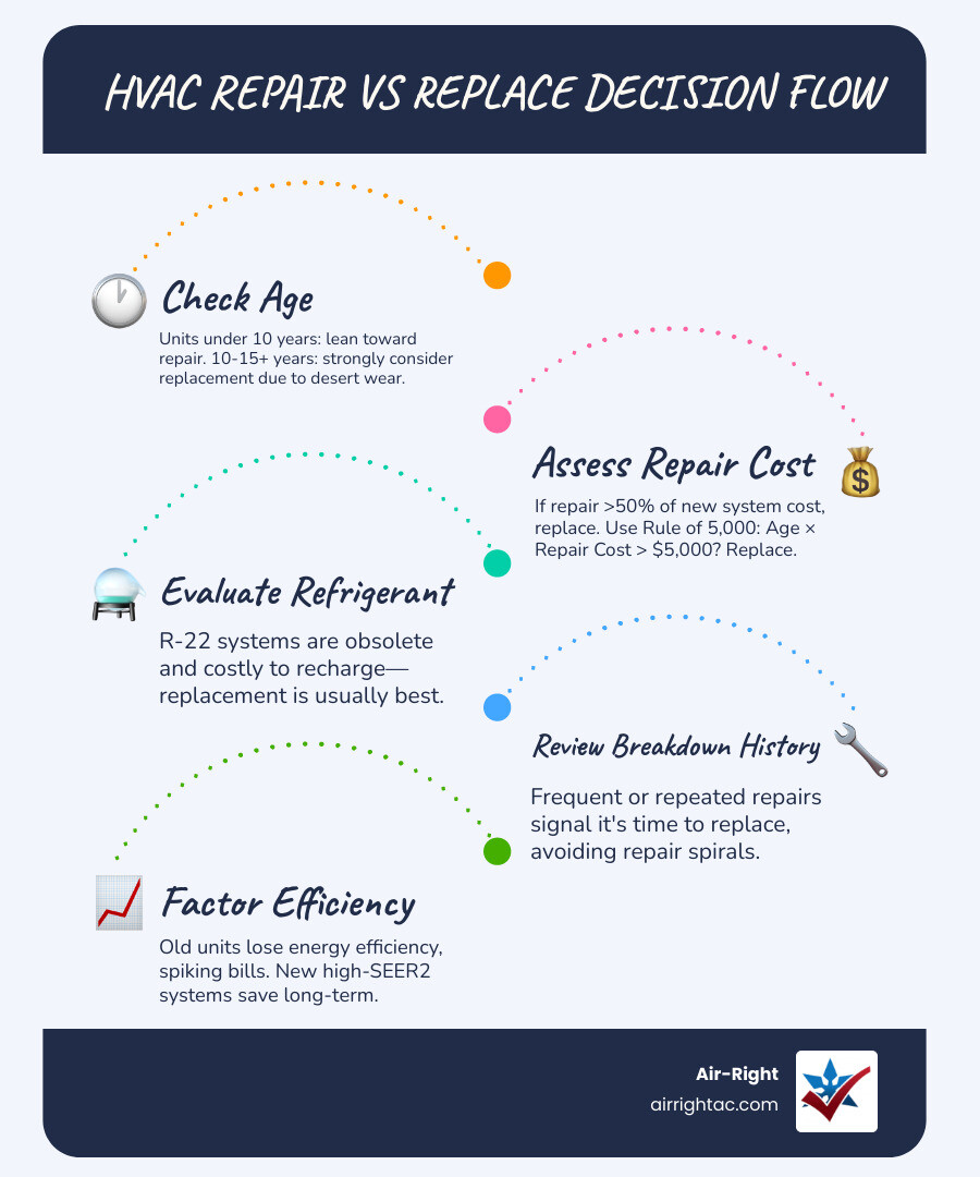 Infographic showing HVAC repair vs replace decision flow: age, repair cost, refrigerant type, and 5000 rule - cost of