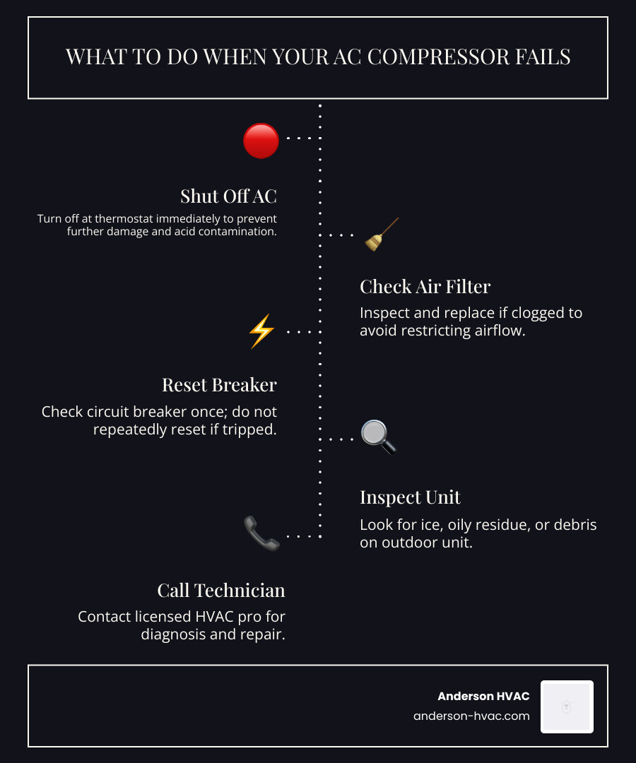 Infographic showing top causes of AC compressor failure and immediate steps homeowners should take - why your ac compressor