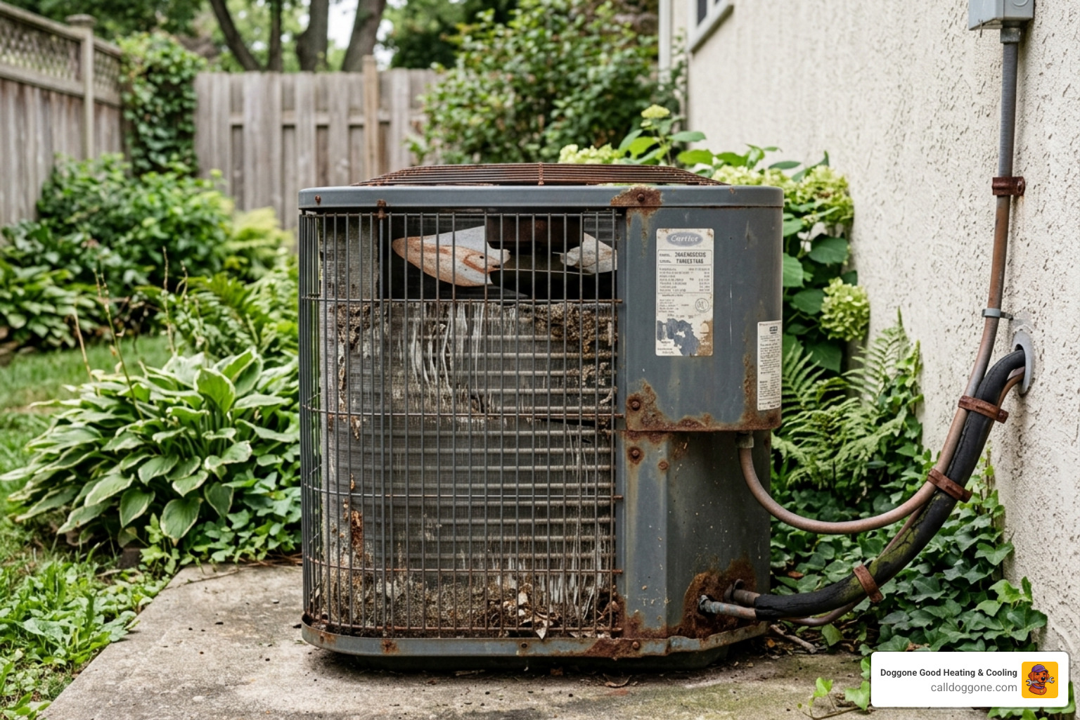 an aging outdoor condenser unit showing signs of rust and wear in a backyard setting - when should you replace your ac an aging outdoor condenser unit showing signs of rust and wear in a backyard setting - when should you replace your ac