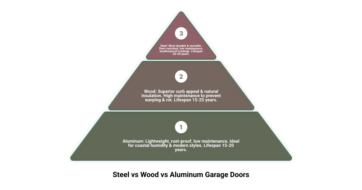 Infographic comparing steel wood and aluminum garage door lifespan durability maintenance and climate suitability - steel vs Infographic comparing steel wood and aluminum garage door lifespan durability maintenance and climate suitability - steel vs