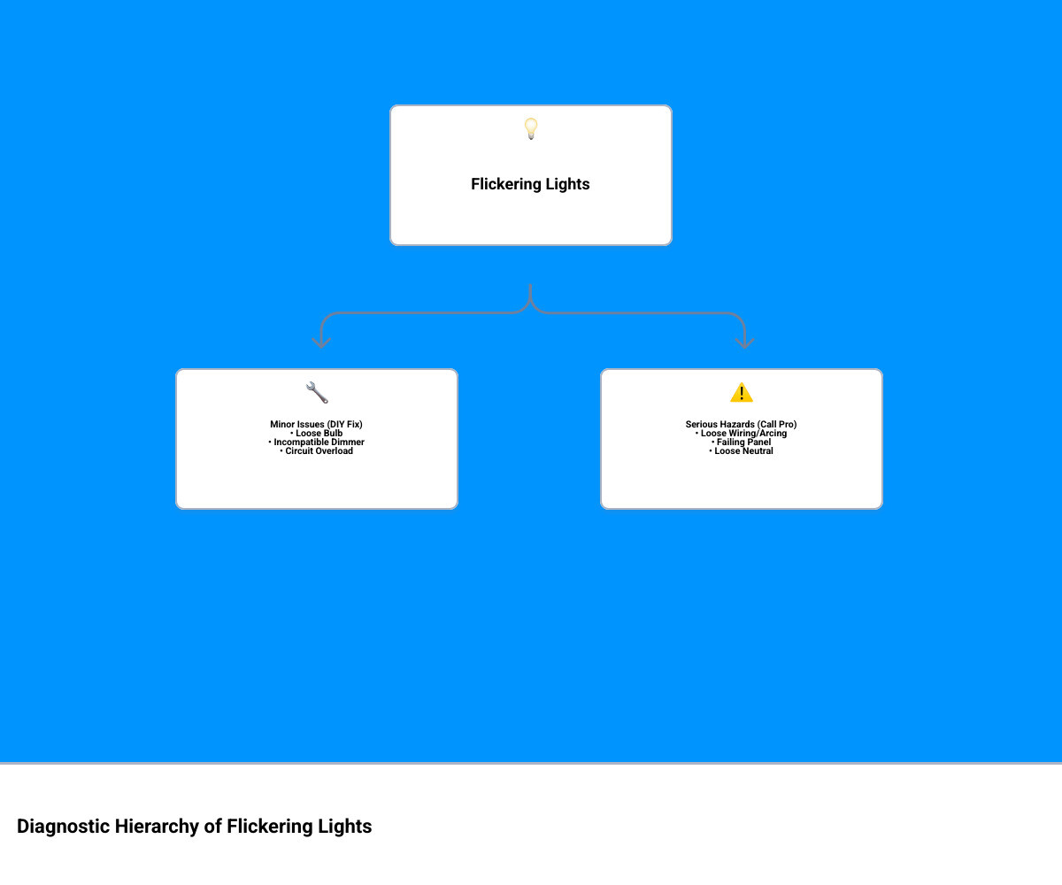 Diagnostic hierarchy infographic: flickering lights from loose bulb to emergency wiring hazard - flickering lights what it