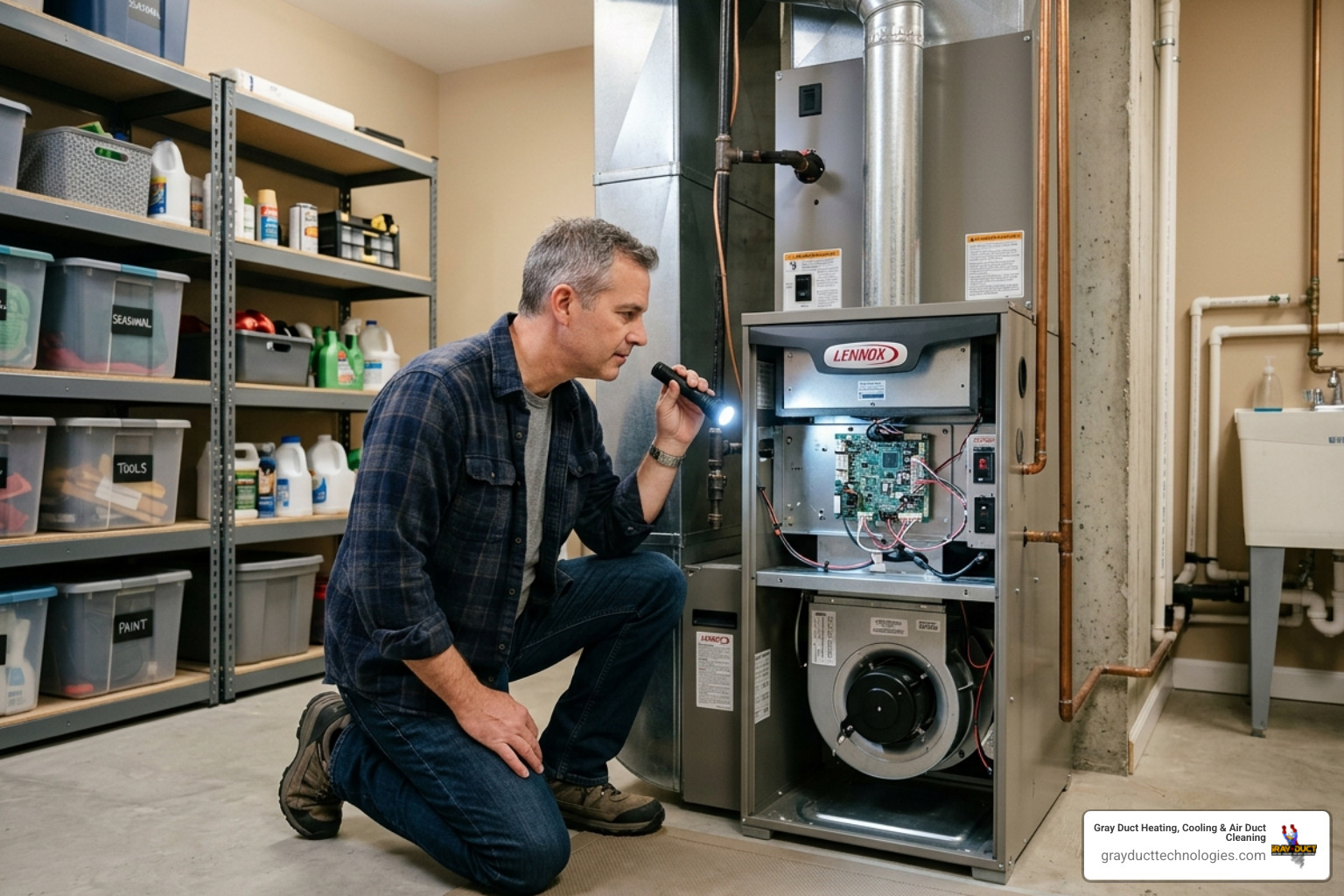Homeowner inspecting their HVAC system indoor unit in a clean basement - spring ac preparation and coil cleaning
