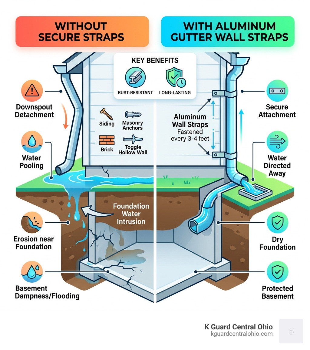 Infographic: how aluminum gutter wall straps prevent downspout detachment and foundation water damage - aluminum gutter wall