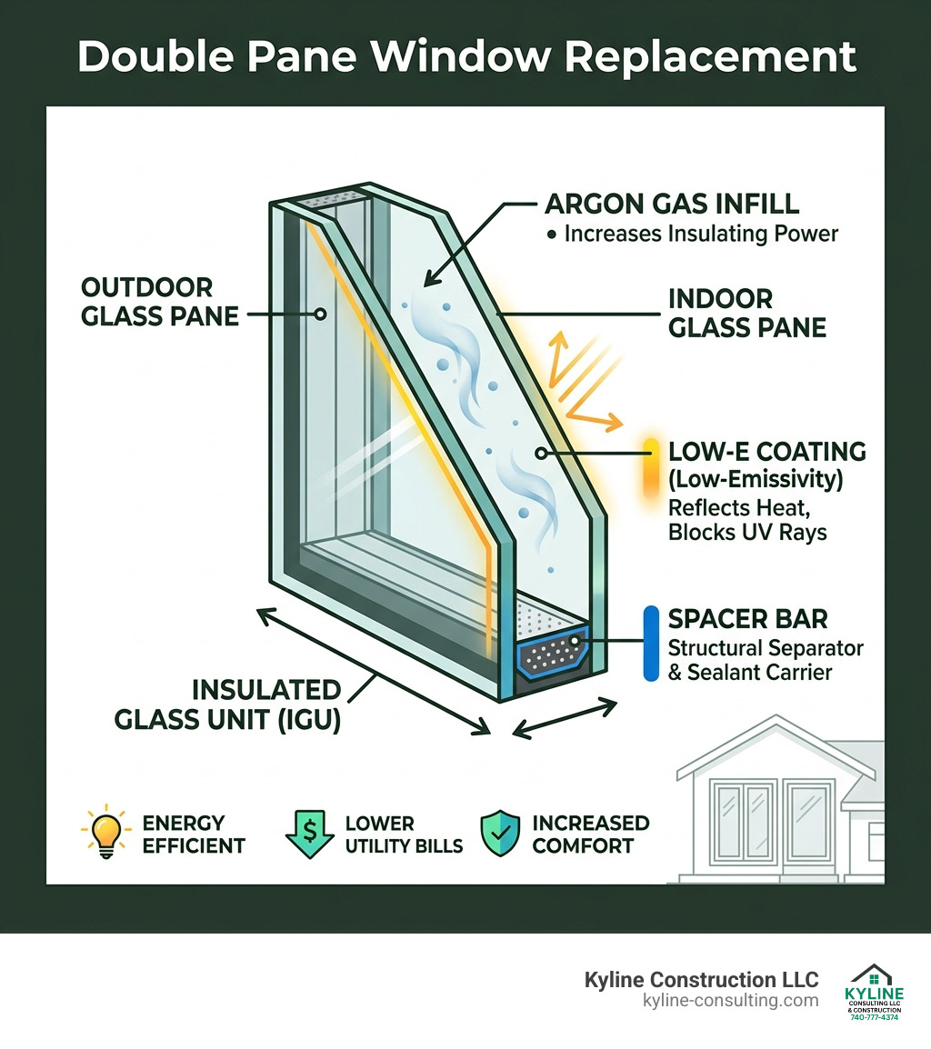 Infographic showing anatomy of an insulated glass unit IGU with argon gas Low-E coating and spacer bar - Double pane window Infographic showing anatomy of an insulated glass unit IGU with argon gas Low-E coating and spacer bar - Double pane window