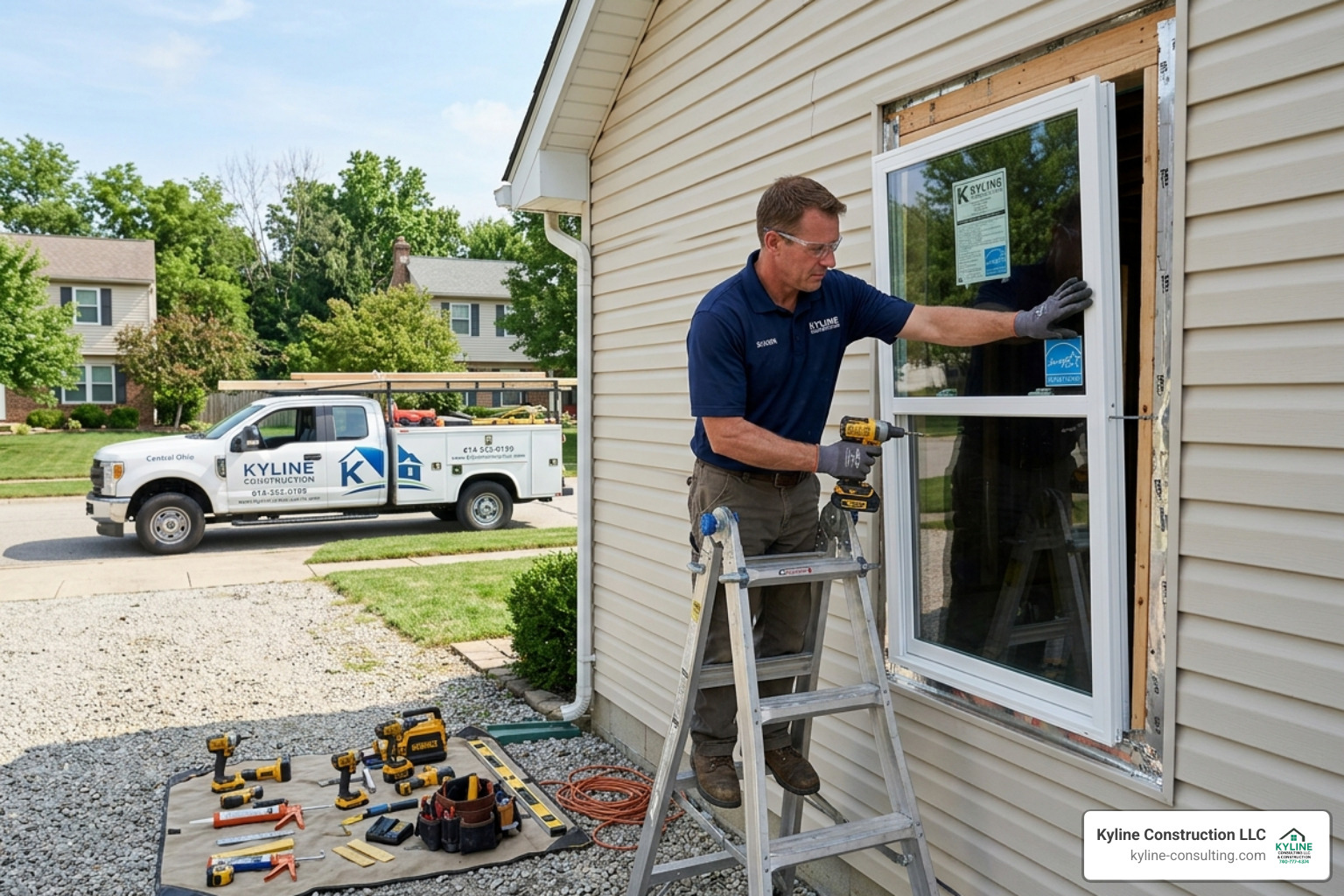 Shawn from Kyline Construction on a Central Ohio job site installing a new window into a home with vinyl siding - Double Shawn from Kyline Construction on a Central Ohio job site installing a new window into a home with vinyl siding - Double