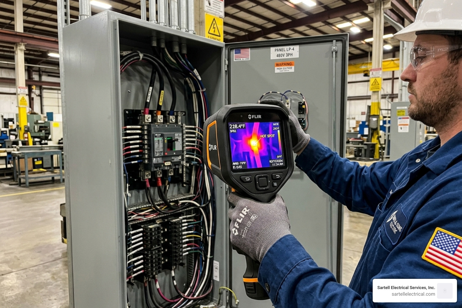 Thermal imaging camera showing a hot spot in an industrial electrical panel indicating a loose connection - electrical Thermal imaging camera showing a hot spot in an industrial electrical panel indicating a loose connection - electrical