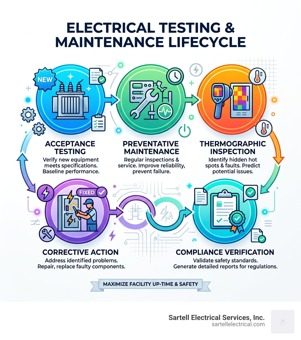 Infographic showing the electrical testing and maintenance lifecycle: acceptance testing, preventative maintenance Infographic showing the electrical testing and maintenance lifecycle: acceptance testing, preventative maintenance