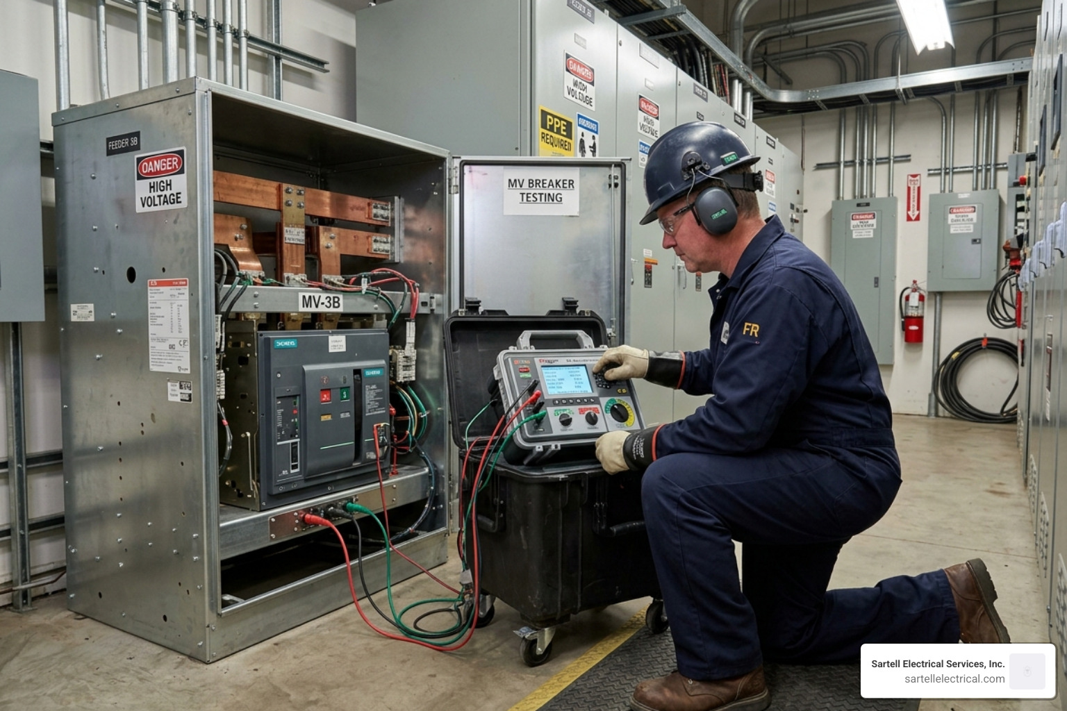 Technician testing a medium voltage circuit breaker with specialized diagnostic equipment - electrical testing companies Technician testing a medium voltage circuit breaker with specialized diagnostic equipment - electrical testing companies