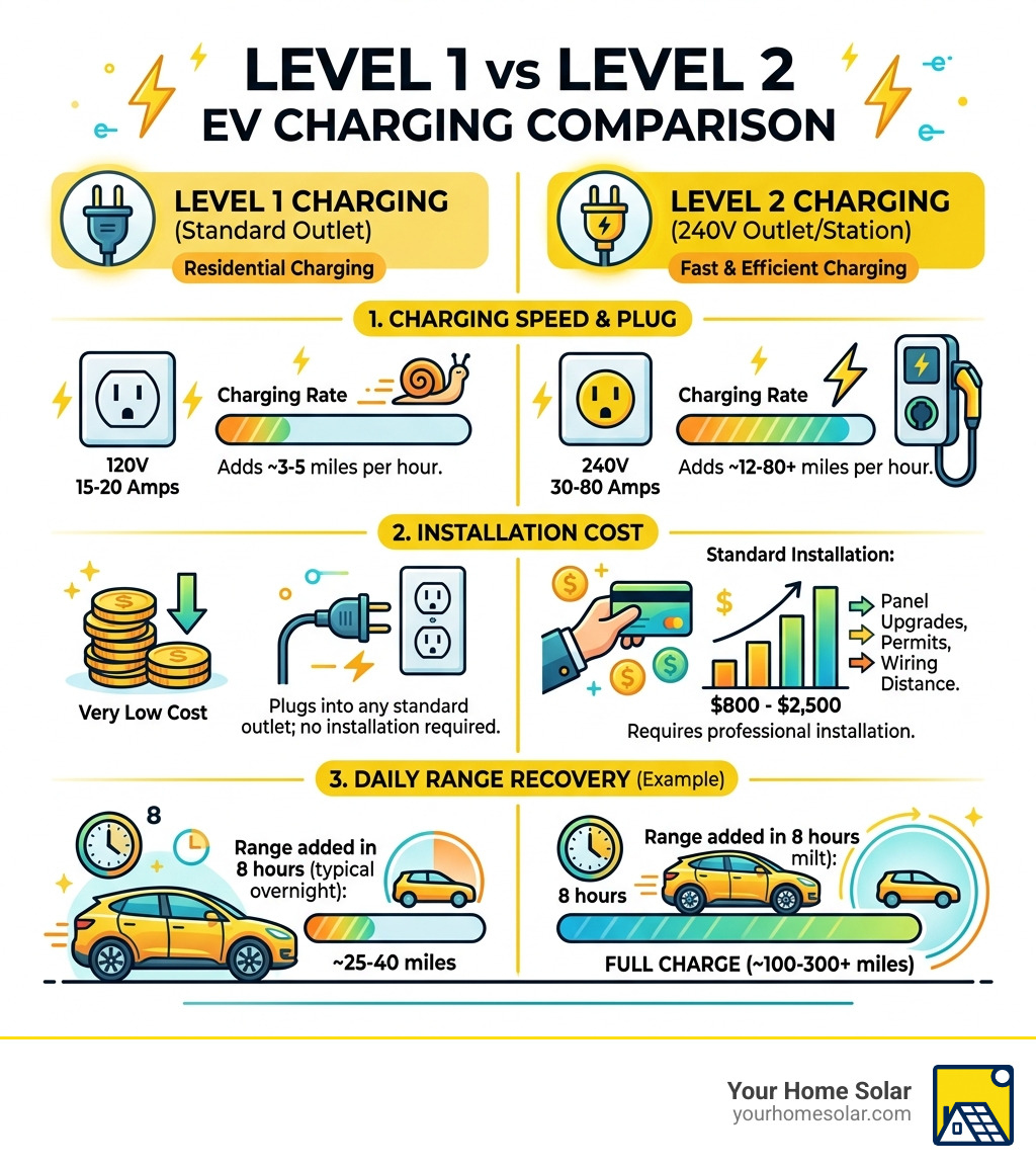 Infographic comparing Level 1 vs Level 2 EV charging speeds, costs, and daily range recovery - cost of installing level 2 Infographic comparing Level 1 vs Level 2 EV charging speeds, costs, and daily range recovery - cost of installing level 2