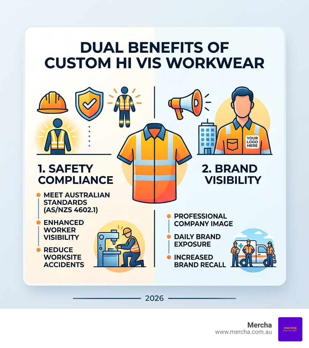 Infographic showing dual benefits of custom hi vis workwear: safety compliance and brand visibility - custom hi vis workwear Infographic showing dual benefits of custom hi vis workwear: safety compliance and brand visibility - custom hi vis workwear