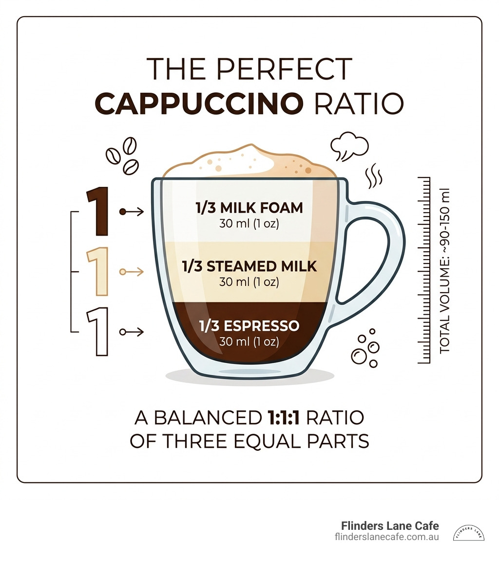A visual guide to the perfect cappuccino espresso to milk ratio, detailing the 1:1:1 balance required for a traditional 90-150 ml serving.