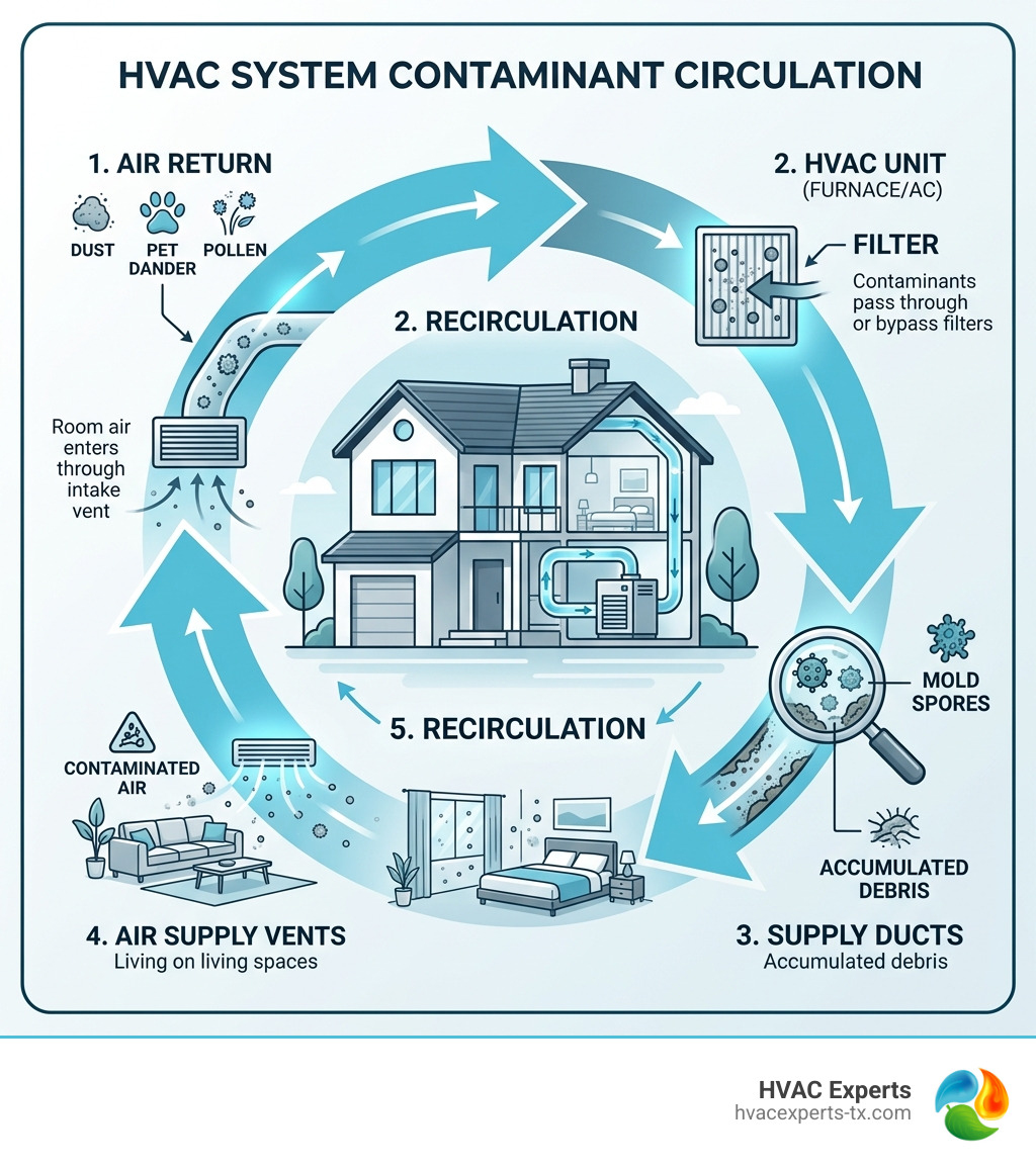 Infographic showing how contaminants circulate through home HVAC ventilation and ducts - HVAC system duct cleaning