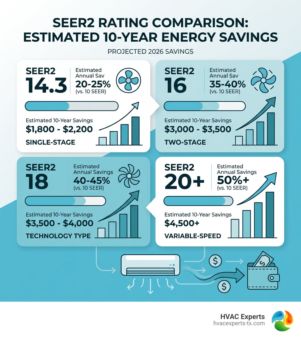 Comparison of SEER2 ratings and estimated energy savings over 10 years - air conditioning installation service infographic Comparison of SEER2 ratings and estimated energy savings over 10 years - air conditioning installation service infographic