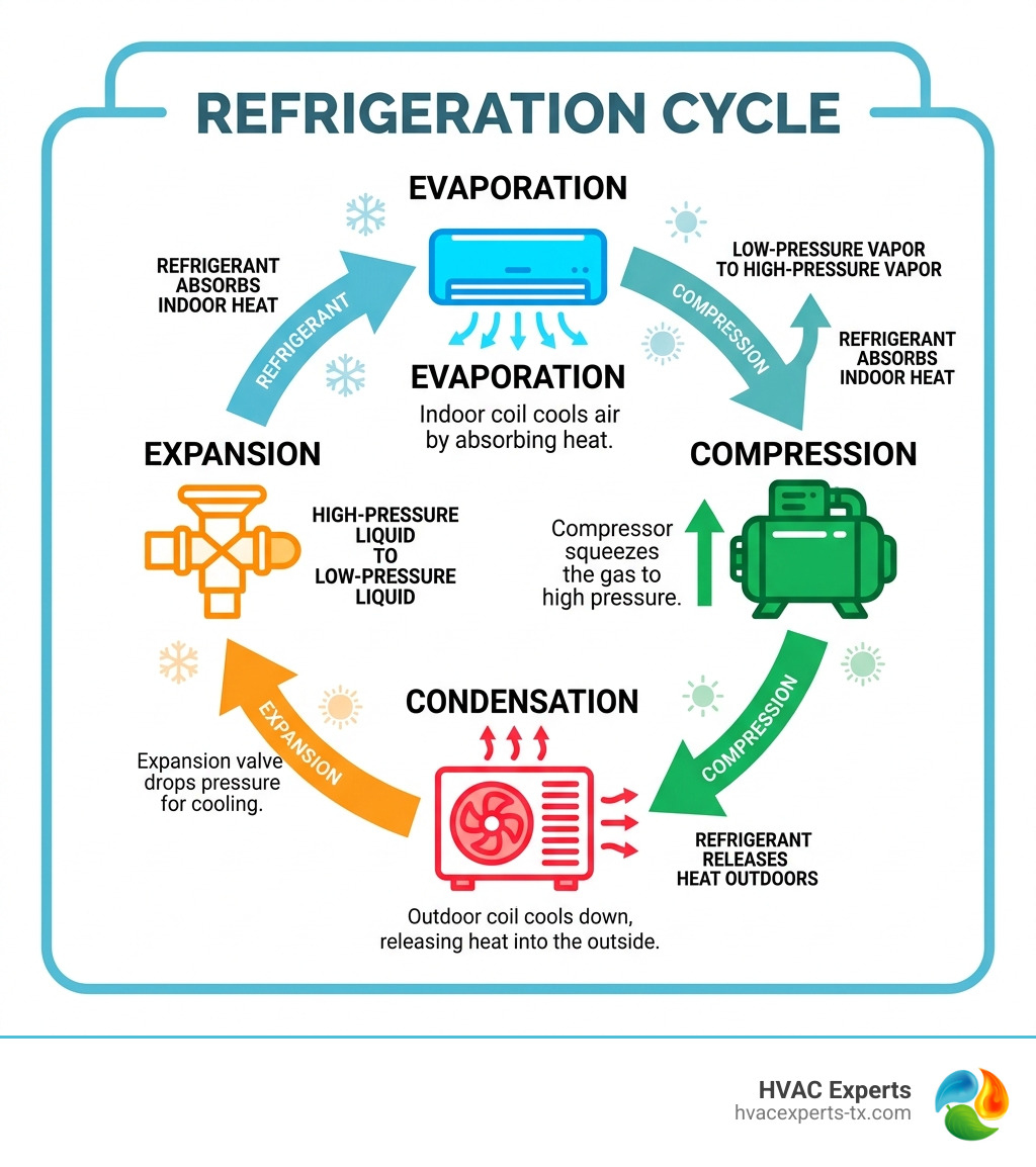 Infographic explaining the refrigeration cycle: evaporation, compression, condensation, and expansion - Air conditioning Infographic explaining the refrigeration cycle: evaporation, compression, condensation, and expansion - Air conditioning