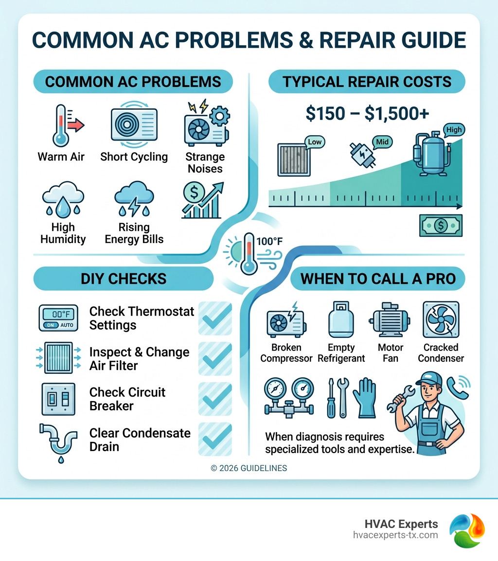 Infographic showing common AC problems, typical repair costs, DIY checks, and when to call a pro - Air conditioning repair Infographic showing common AC problems, typical repair costs, DIY checks, and when to call a pro - Air conditioning repair