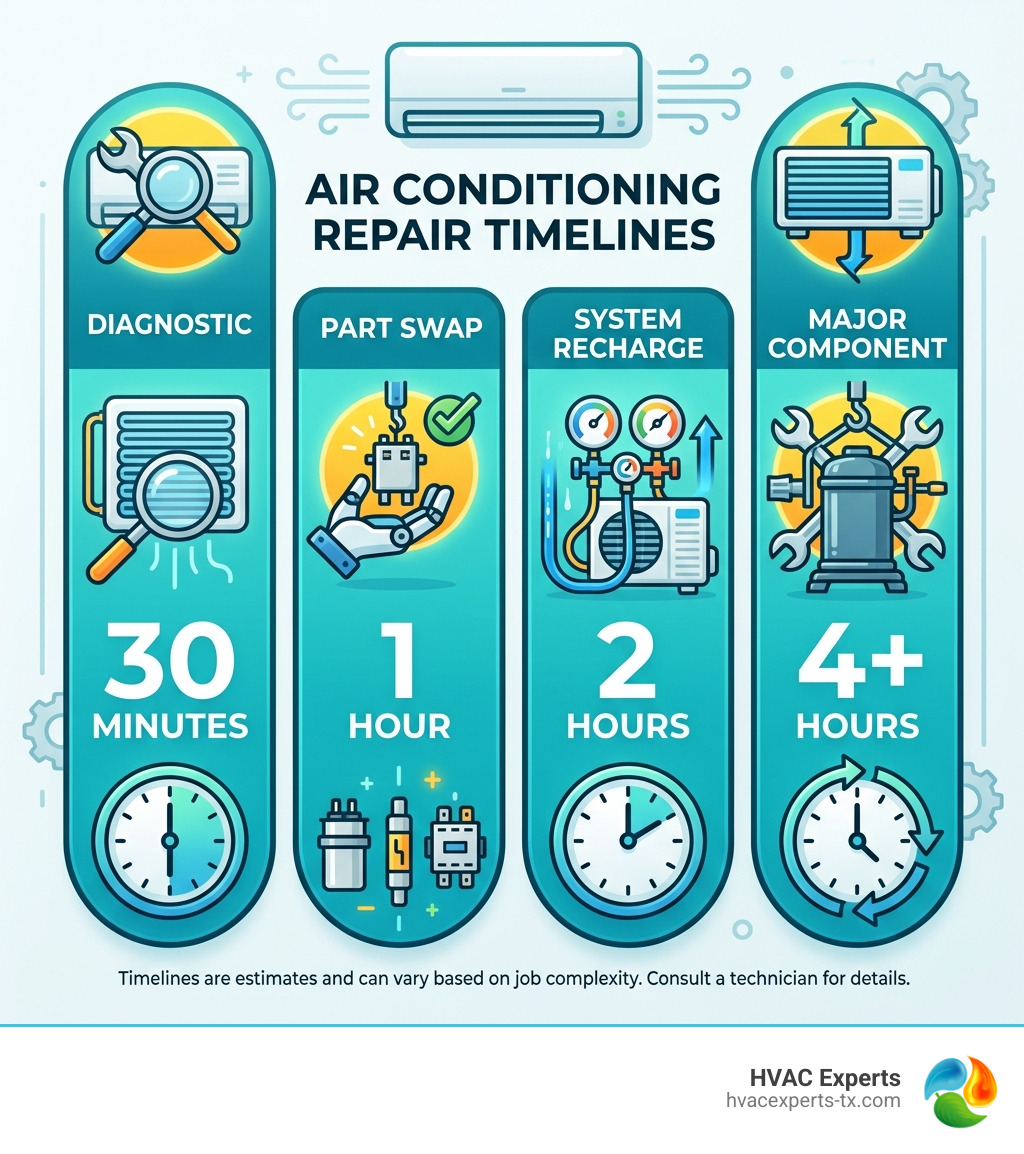 Infographic of repair timelines by task: Diagnostic (30m), Part Swap (1h), System Recharge (2h), Major Component (4h+) - Air Infographic of repair timelines by task: Diagnostic (30m), Part Swap (1h), System Recharge (2h), Major Component (4h+) - Air