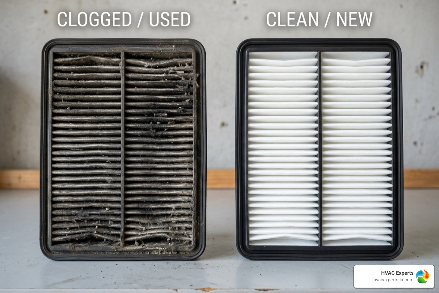 A side-by-side comparison of a heavily clogged, grey air filter and a bright white, clean air filter - air conditioning